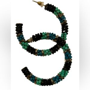 Elegant Beaded Turquoise and Black Hoop Earrings